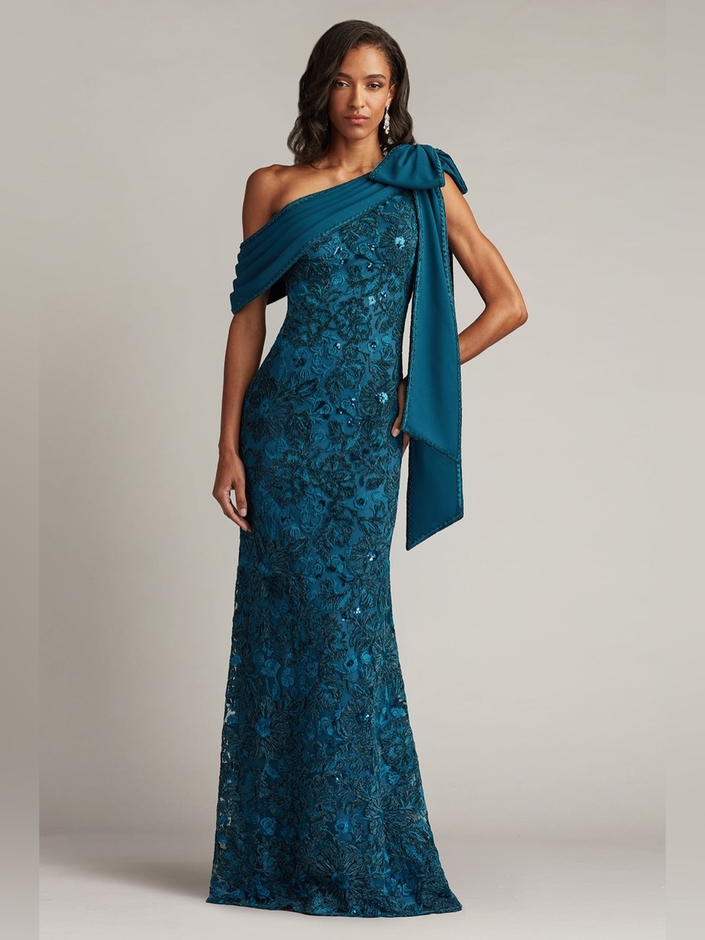 NEW Tadashi Shoji Beaded Floral One-Shoulder Gown In Cerulean Dress Size 10